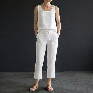 Saks Fifth Avenue Blue 100% Off White Cream Linen Adjustable Ankle Crop Pants XS